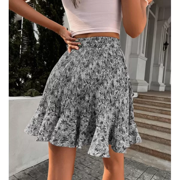 CHARTOU Women's Summer Elastic High Waist Shirring Floral Print Irregular Ruffle Mini Skirt