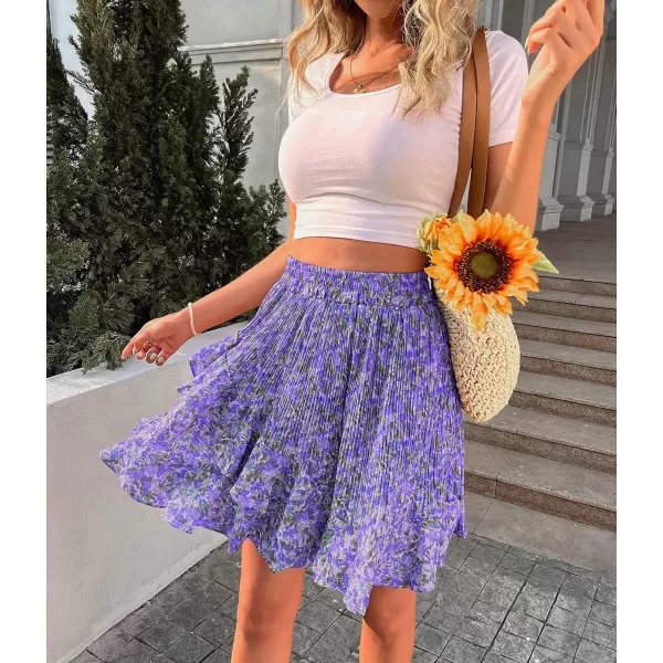 CHARTOU Women's Summer Elastic High Waist Shirring Floral Print Irregular Ruffle Mini Skirt