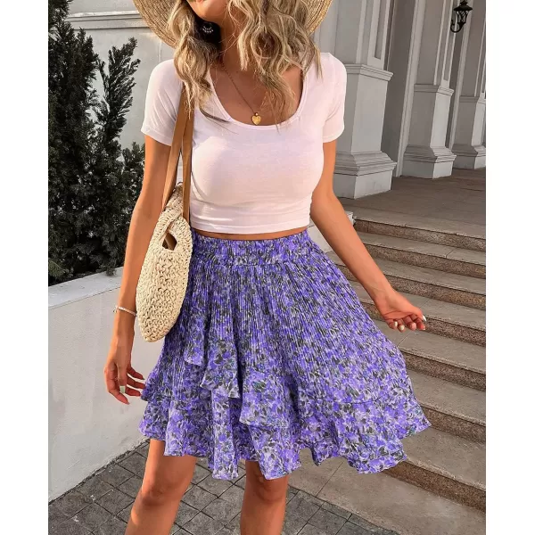 CHARTOU Women's Summer Elastic High Waist Shirring Floral Print Irregular Ruffle Mini Skirt