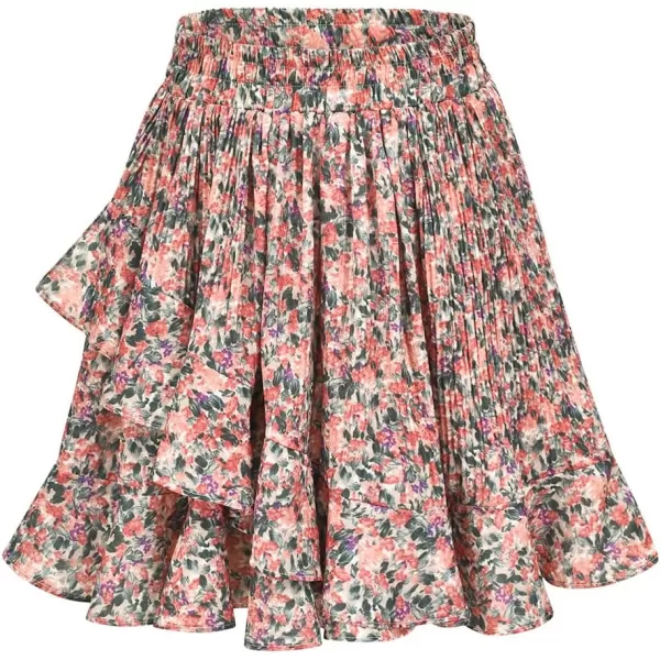 CHARTOU Women's Summer Elastic High Waist Shirring Floral Print Irregular Ruffle Mini Skirt
