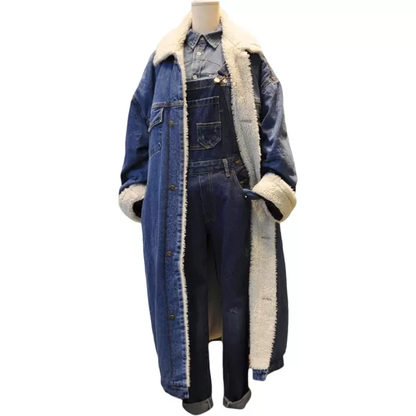 CHARTOU Women's Thicken Loose Sherpa Fleece Lined Button Down Long Denim Jacket Overcoat