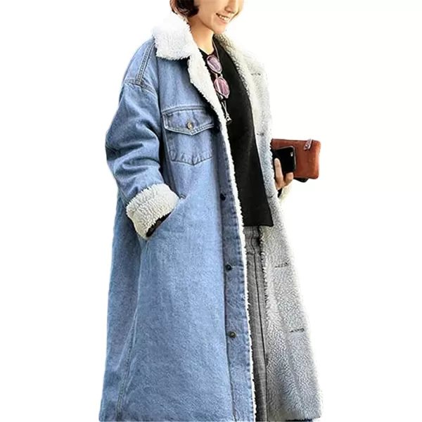 CHARTOU Women's Thicken Loose Sherpa Fleece Lined Button Down Long Denim Jacket Overcoat