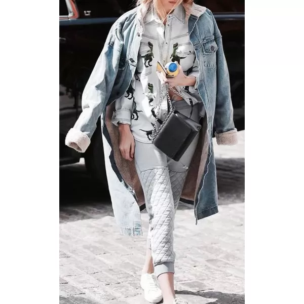 CHARTOU Women's Thicken Loose Sherpa Fleece Lined Button Down Long Denim Jacket Overcoat