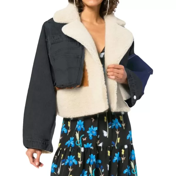 CHARTOU Women's Trendy Sherpa Fleece Patchwork Ripped Moto Biker Thick Quilted Denim Jacket Short Coat