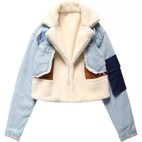 CHARTOU Women's Trendy Sherpa Fleece Patchwork Ripped Moto Biker Thick Quilted Denim Jacket Short Coat