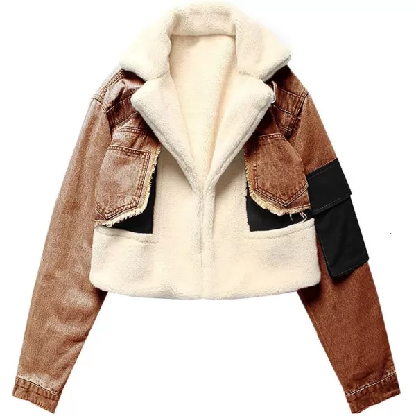 CHARTOU Women's Trendy Sherpa Fleece Patchwork Ripped Moto Biker Thick Quilted Denim Jacket Short Coat