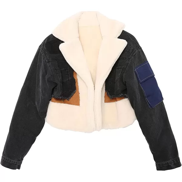 CHARTOU Women's Trendy Sherpa Fleece Patchwork Ripped Moto Biker Thick Quilted Denim Jacket Short Coat