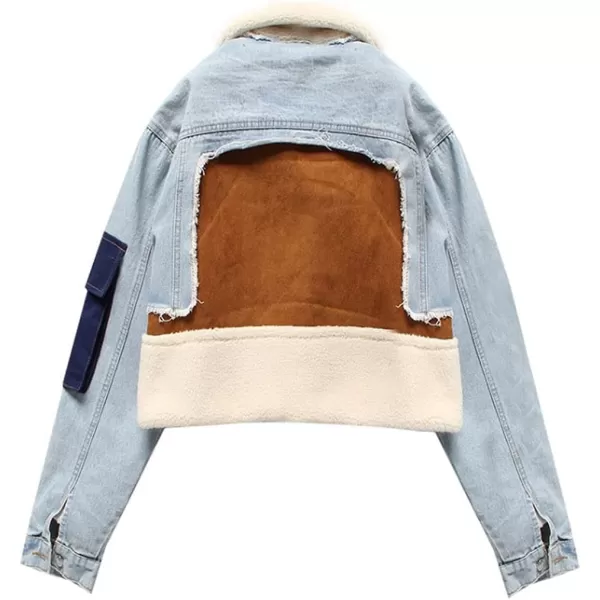 CHARTOU Women's Trendy Sherpa Fleece Patchwork Ripped Moto Biker Thick Quilted Denim Jacket Short Coat