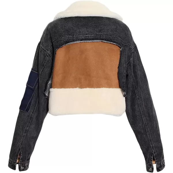 CHARTOU Women's Trendy Sherpa Fleece Patchwork Ripped Moto Biker Thick Quilted Denim Jacket Short Coat