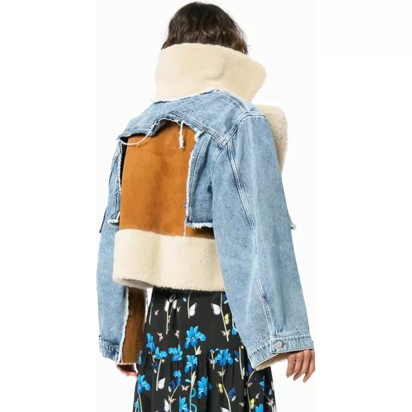 CHARTOU Women's Trendy Sherpa Fleece Patchwork Ripped Moto Biker Thick Quilted Denim Jacket Short Coat