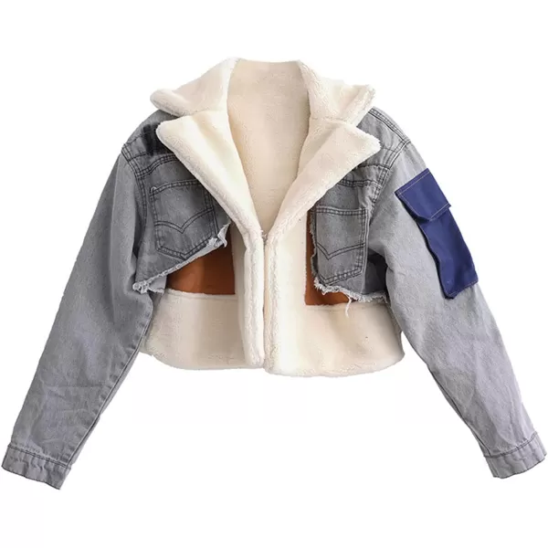 CHARTOU Women's Trendy Sherpa Fleece Patchwork Ripped Moto Biker Thick Quilted Denim Jacket Short Coat