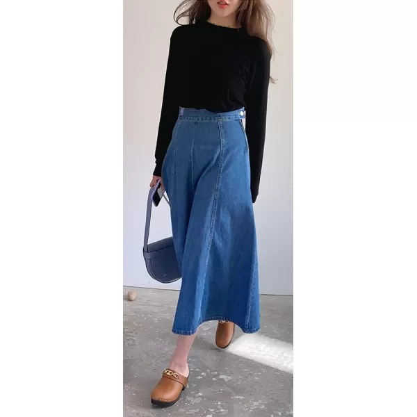 CHARTOU Women's Versatile High Waist Package Hip Flared A Line Midi Long Denim Skirt