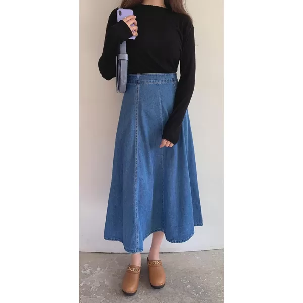 CHARTOU Women's Versatile High Waist Package Hip Flared A Line Midi Long Denim Skirt