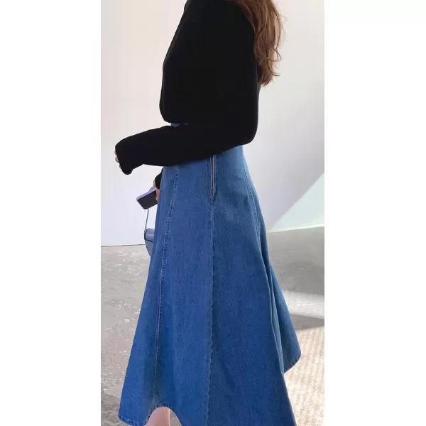 CHARTOU Women's Versatile High Waist Package Hip Flared A Line Midi Long Denim Skirt