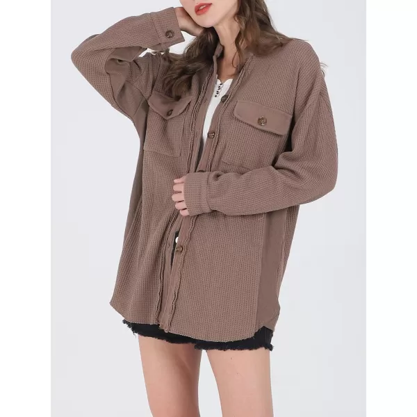 CHARTOU Women's Vintage Banded Collar Button Down Baggy Loose Fit Mid-Weight Frayed Waffle Knit Shacket Shirt Tops