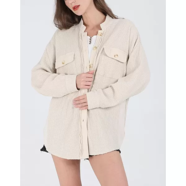 CHARTOU Women's Vintage Banded Collar Button Down Baggy Loose Fit Mid-Weight Frayed Waffle Knit Shacket Shirt Tops