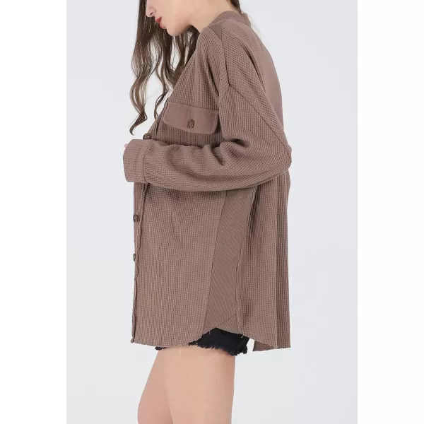 CHARTOU Women's Vintage Banded Collar Button Down Baggy Loose Fit Mid-Weight Frayed Waffle Knit Shacket Shirt Tops