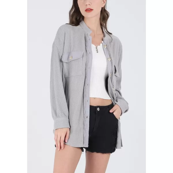 CHARTOU Women's Vintage Banded Collar Button Down Baggy Loose Fit Mid-Weight Frayed Waffle Knit Shacket Shirt Tops