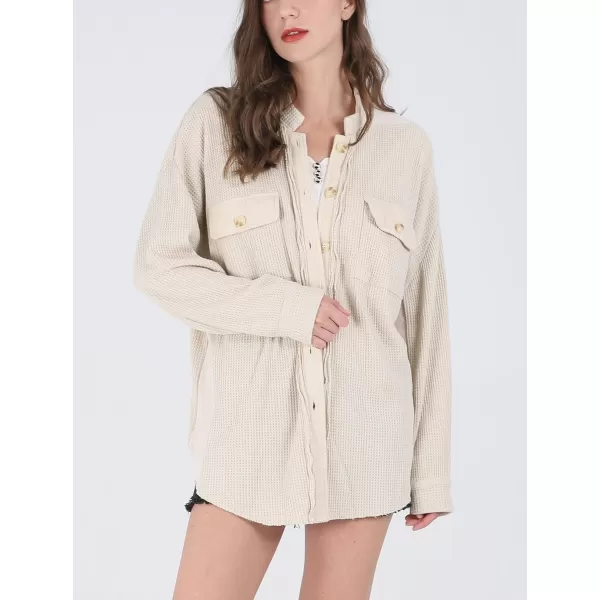 CHARTOU Women's Vintage Banded Collar Button Down Baggy Loose Fit Mid-Weight Frayed Waffle Knit Shacket Shirt Tops