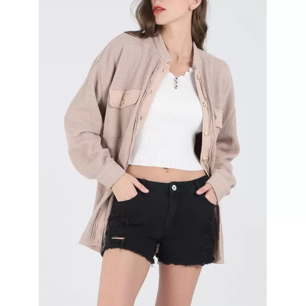 CHARTOU Women's Vintage Banded Collar Button Down Baggy Loose Fit Mid-Weight Frayed Waffle Knit Shacket Shirt Tops