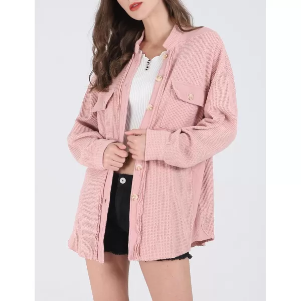 CHARTOU Women's Vintage Banded Collar Button Down Baggy Loose Fit Mid-Weight Frayed Waffle Knit Shacket Shirt Tops