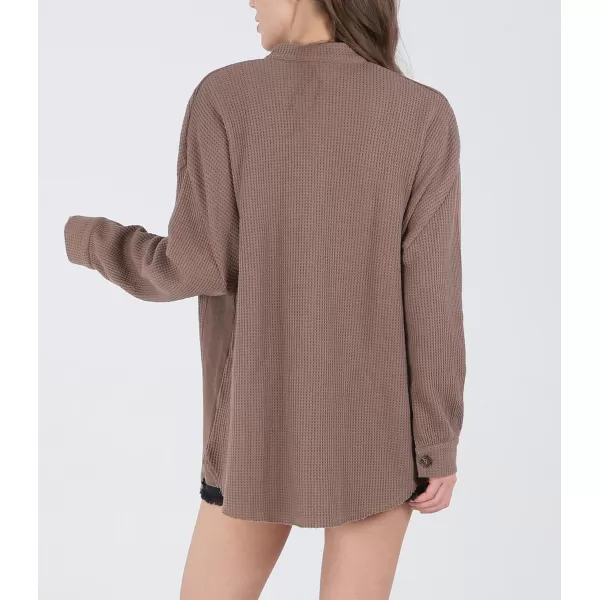 CHARTOU Women's Vintage Banded Collar Button Down Baggy Loose Fit Mid-Weight Frayed Waffle Knit Shacket Shirt Tops