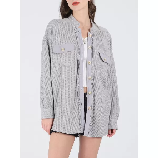 CHARTOU Women's Vintage Banded Collar Button Down Baggy Loose Fit Mid-Weight Frayed Waffle Knit Shacket Shirt Tops