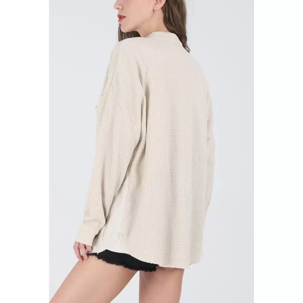 CHARTOU Women's Vintage Banded Collar Button Down Baggy Loose Fit Mid-Weight Frayed Waffle Knit Shacket Shirt Tops