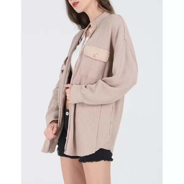 CHARTOU Women's Vintage Banded Collar Button Down Baggy Loose Fit Mid-Weight Frayed Waffle Knit Shacket Shirt Tops