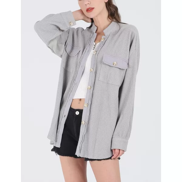 CHARTOU Women's Vintage Banded Collar Button Down Baggy Loose Fit Mid-Weight Frayed Waffle Knit Shacket Shirt Tops