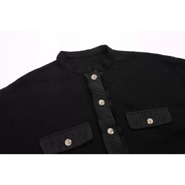CHARTOU Women's Vintage Banded Collar Button Down Baggy Loose Fit Mid-Weight Frayed Waffle Knit Shacket Shirt Tops