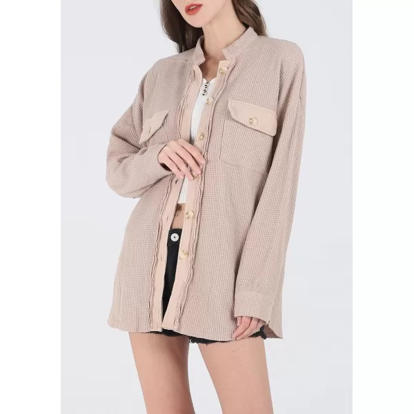 CHARTOU Women's Vintage Banded Collar Button Down Baggy Loose Fit Mid-Weight Frayed Waffle Knit Shacket Shirt Tops