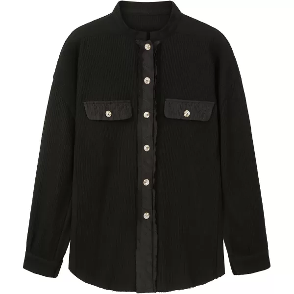 CHARTOU Women's Vintage Banded Collar Button Down Baggy Loose Fit Mid-Weight Frayed Waffle Knit Shacket Shirt Tops