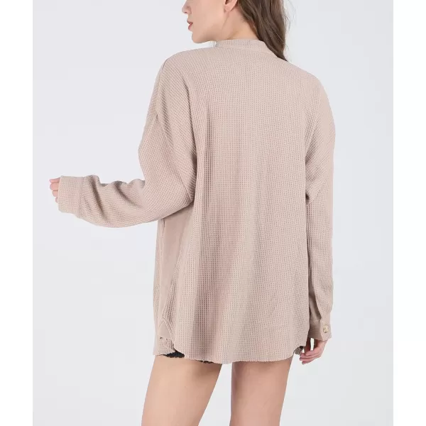 CHARTOU Women's Vintage Banded Collar Button Down Baggy Loose Fit Mid-Weight Frayed Waffle Knit Shacket Shirt Tops