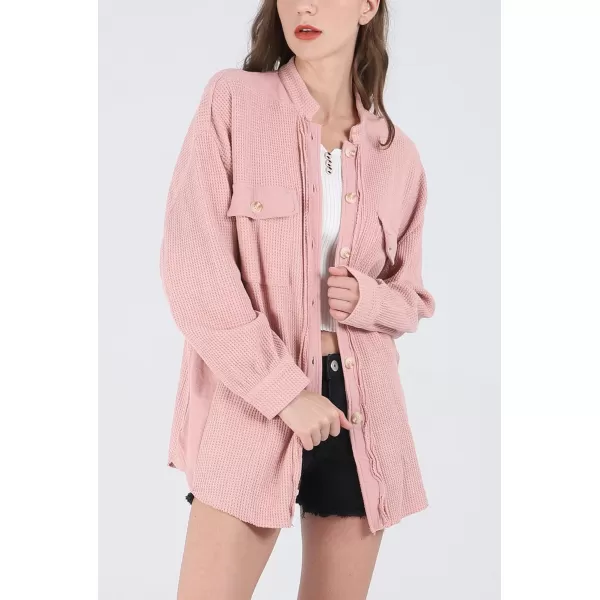 CHARTOU Women's Vintage Banded Collar Button Down Baggy Loose Fit Mid-Weight Frayed Waffle Knit Shacket Shirt Tops