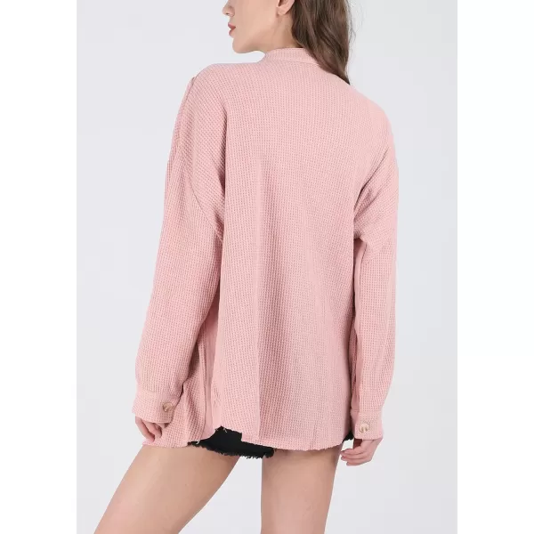 CHARTOU Women's Vintage Banded Collar Button Down Baggy Loose Fit Mid-Weight Frayed Waffle Knit Shacket Shirt Tops