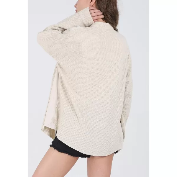 CHARTOU Women's Vintage Banded Collar Button Down Baggy Loose Fit Mid-Weight Frayed Waffle Knit Shacket Shirt Tops
