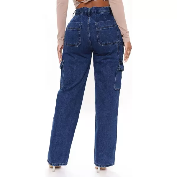 CHARTOU Women's Vintage Cargo Jeans Elastic Mid-Rise Wide Leg Work Denim Pants