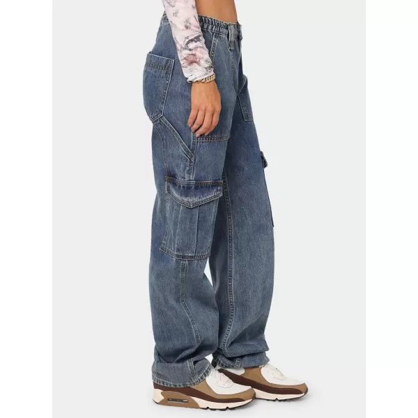 CHARTOU Women's Vintage Cargo Jeans Elastic Mid-Rise Wide Leg Work Denim Pants