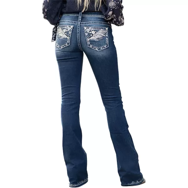CHARTOU Women's Vintage Wash Embroidery Beaded Mid-Rise Distressed Ripped Bootcut Jeans