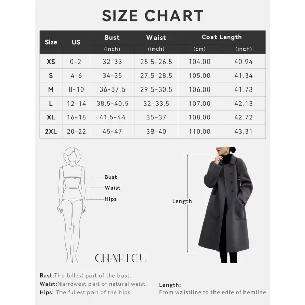 CHARTOU Women's Wool Blend Pea Coat Notch Lapel Winter Coat Midi Long Oversized Overcoat
