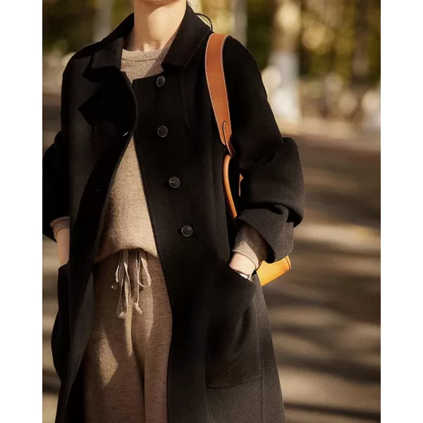 CHARTOU Women's Wool Blend Pea Coat Notch Lapel Winter Coat Midi Long Oversized Overcoat