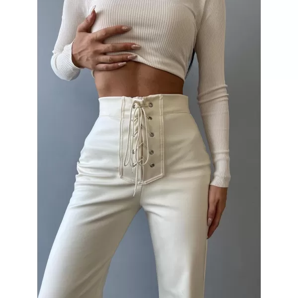CHARTOU Women's Y2k Style Lace Up High Waist PU Leather Flare Bell Bottom Skinny Pants