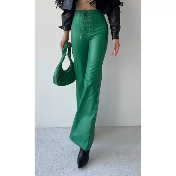CHARTOU Women's Y2k Style Lace Up High Waist PU Leather Flare Bell Bottom Skinny Pants