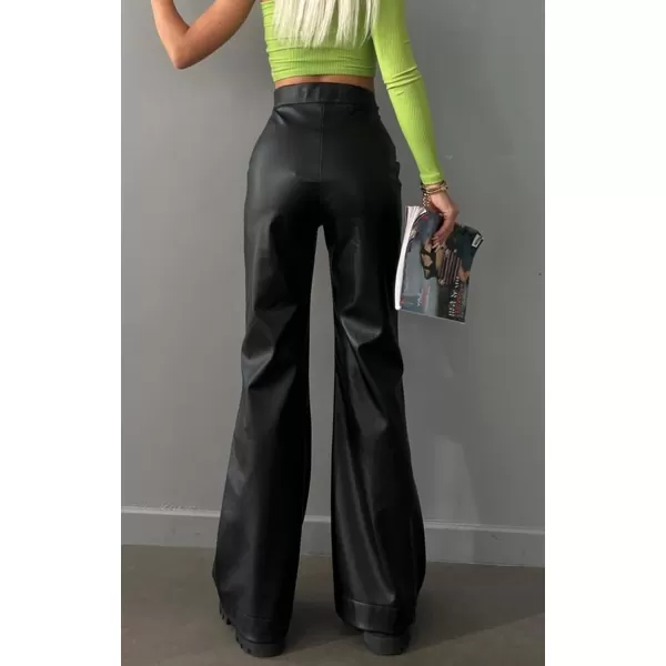 CHARTOU Women's Y2k Style Lace Up High Waist PU Leather Flare Bell Bottom Skinny Pants