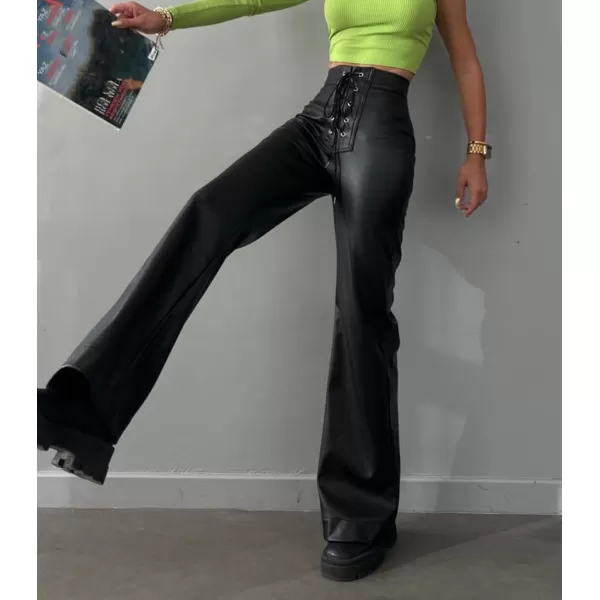 CHARTOU Women's Y2k Style Lace Up High Waist PU Leather Flare Bell Bottom Skinny Pants