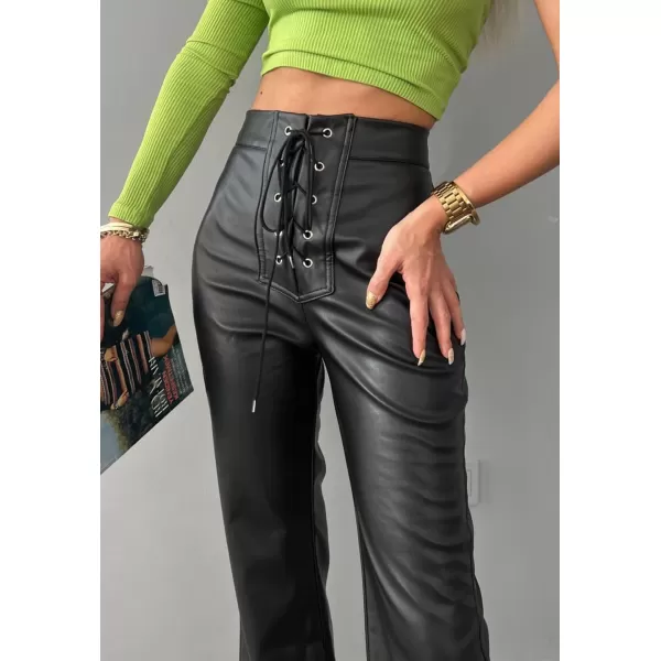 CHARTOU Women's Y2k Style Lace Up High Waist PU Leather Flare Bell Bottom Skinny Pants
