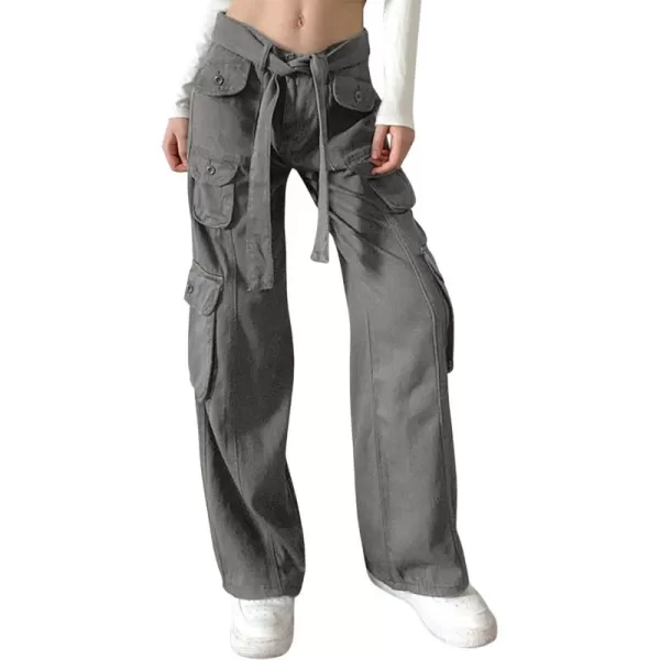 CHARTOU Baggy Cargo Pants Women Casual Cargo Jeans Wide Leg Denim Pants y2k High Waist Belt Pocket Slacks