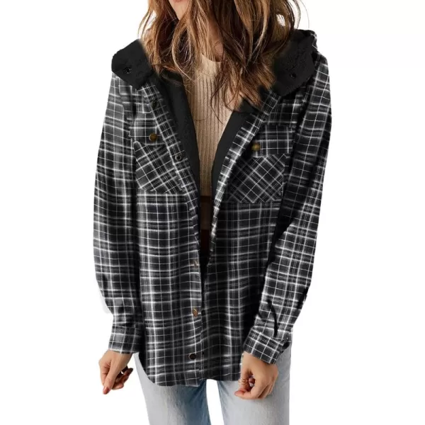 CHARTOU Fleece Jacket Women Plaid Shacket Sherpa Lined Jacket Flannel Fuzzy Coat Winter Hooded Button Overcoat