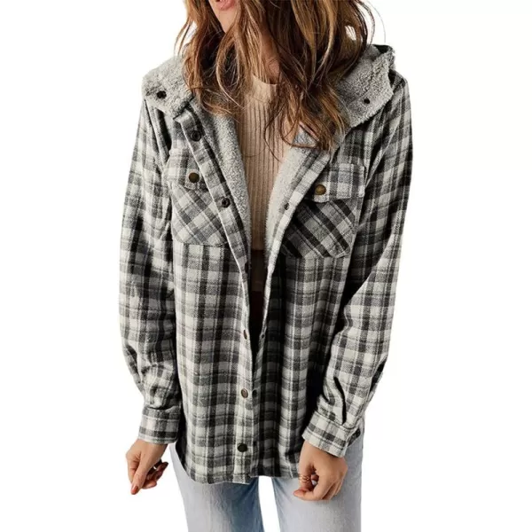 CHARTOU Fleece Jacket Women Plaid Shacket Sherpa Lined Jacket Flannel Fuzzy Coat Winter Hooded Button Overcoat